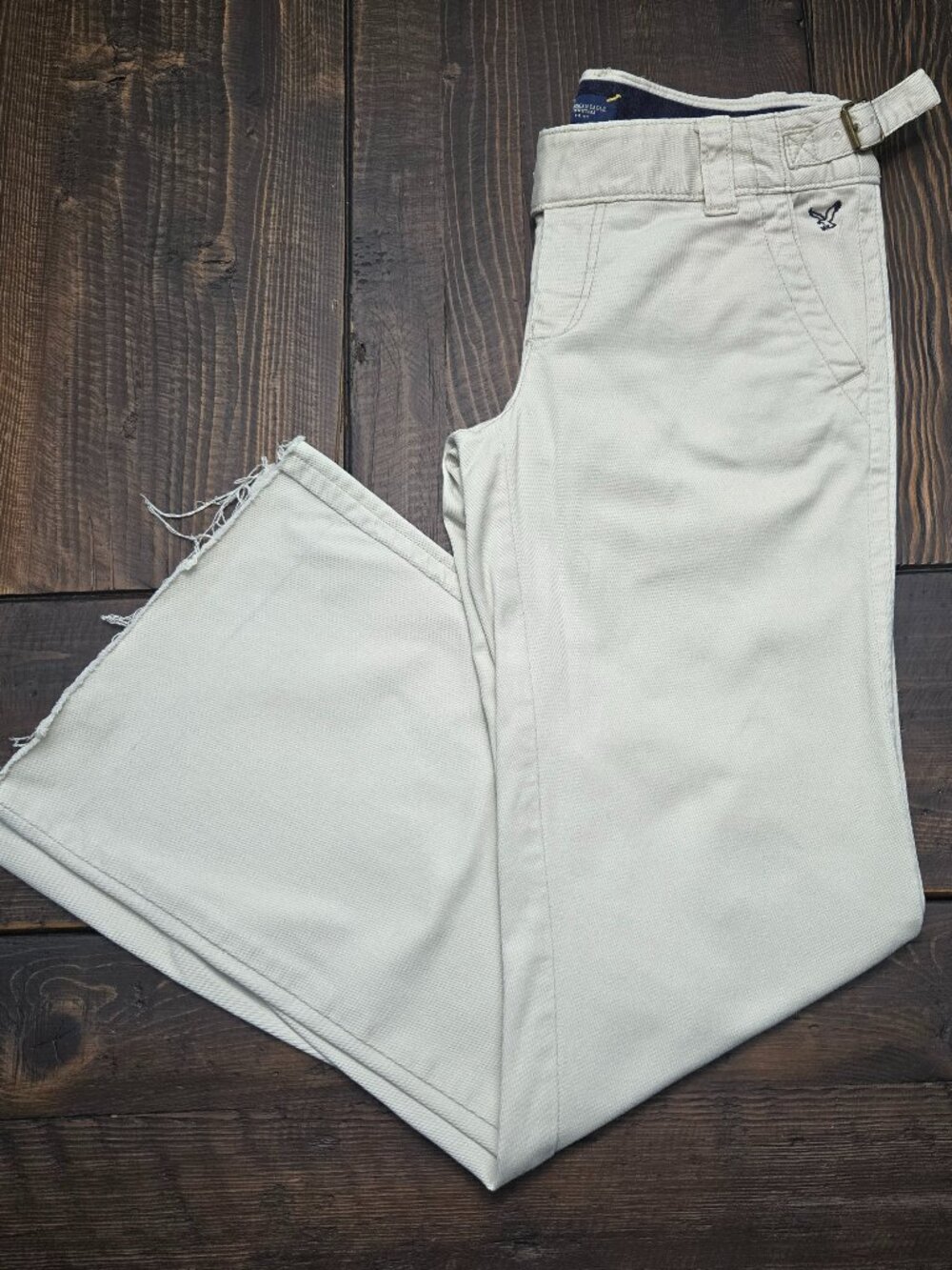 American Eagle Womens Wide Leg Raw Hem Pants Low Rise Beige Stretch Sz 6 29x29.5